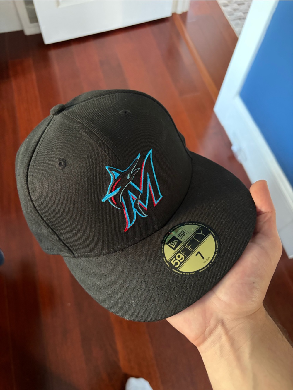New Era Black Miami Marlins Fitted Hat with Teal and Red Logo - 7